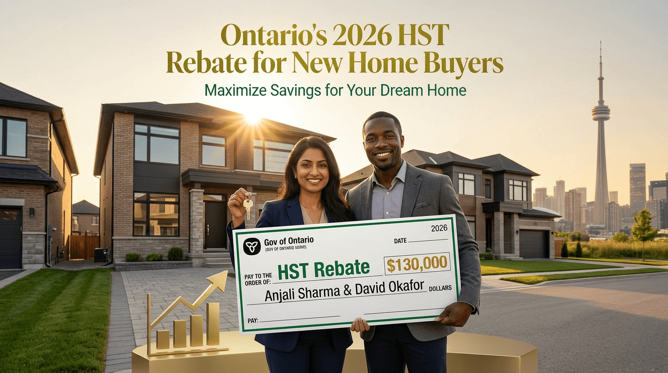 Smiling couple with $130K Ontario HST rebate check for 2026 new home purchase in Toronto suburb